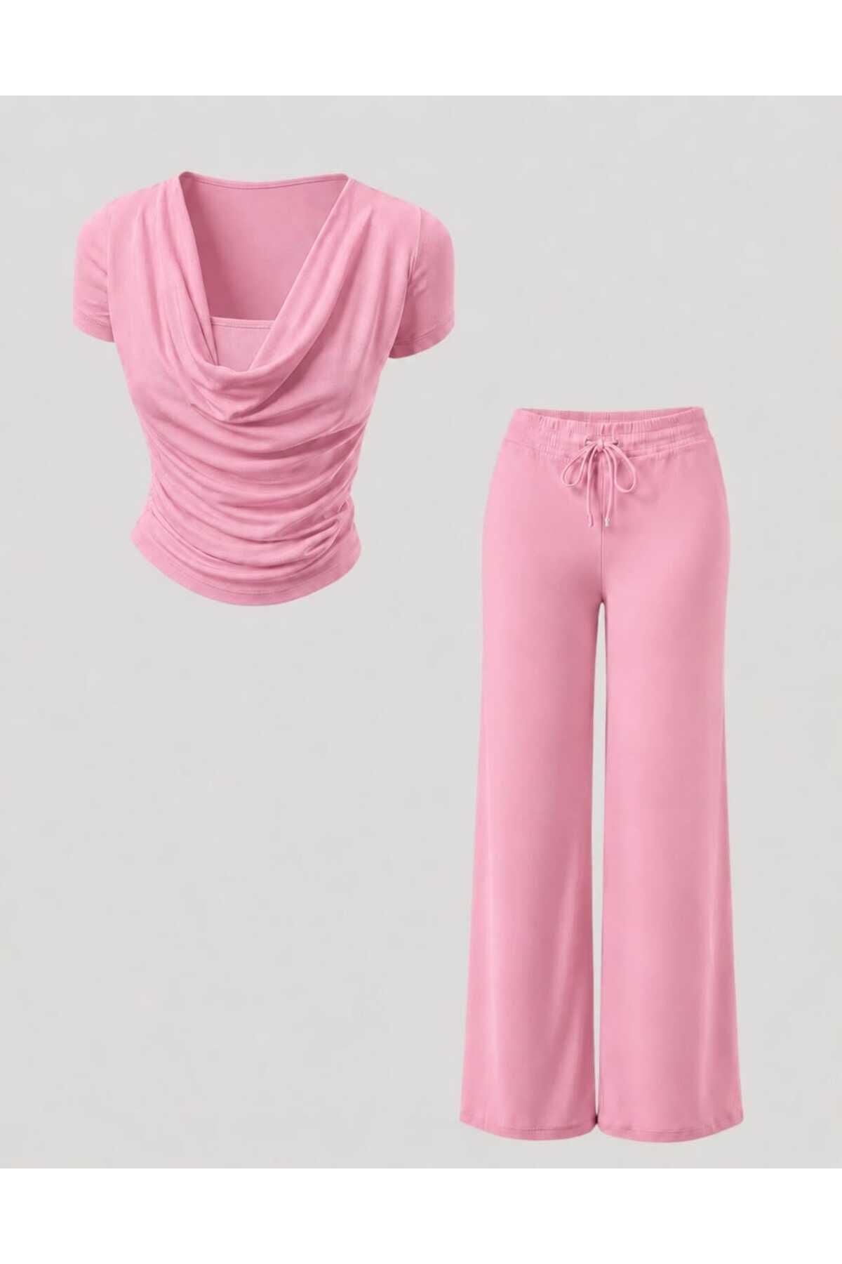 Degaje Yaka Drapeli Bluz ve Pantolon Takım S - Pembe