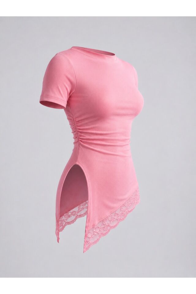 Kayık Yaka Yırtmaçlı Dantel Detaylı Bluz M - Pembe