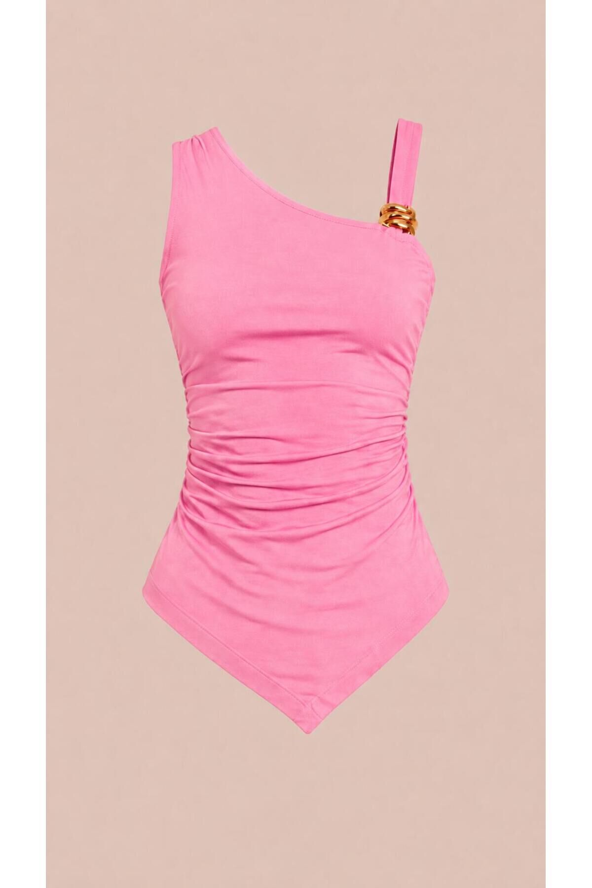 Toka Detaylı Askılı Bluz L - Pembe