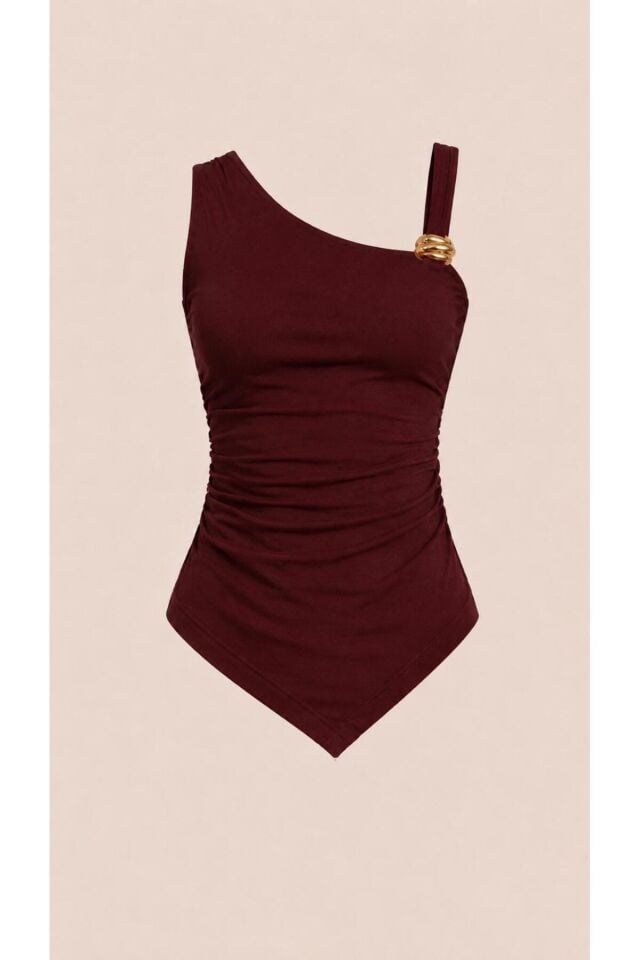Toka Detaylı Askılı Bluz M - Bordo