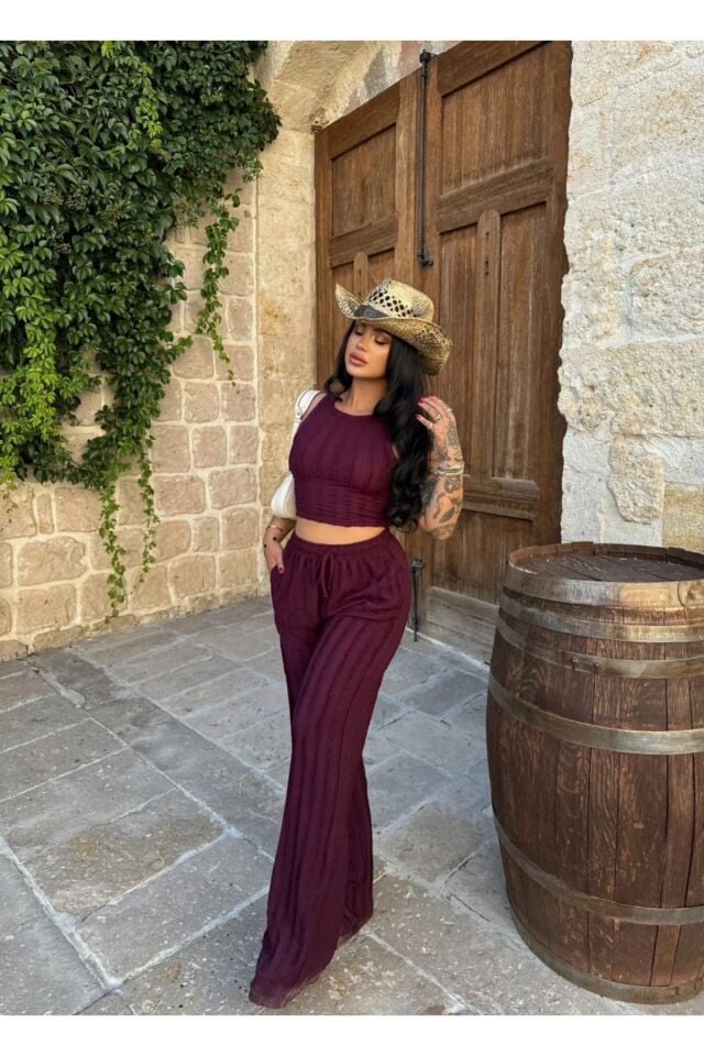 Halter Yaka Crop ve Fırfırlı Gagari Pantolon Takım L - Bordo