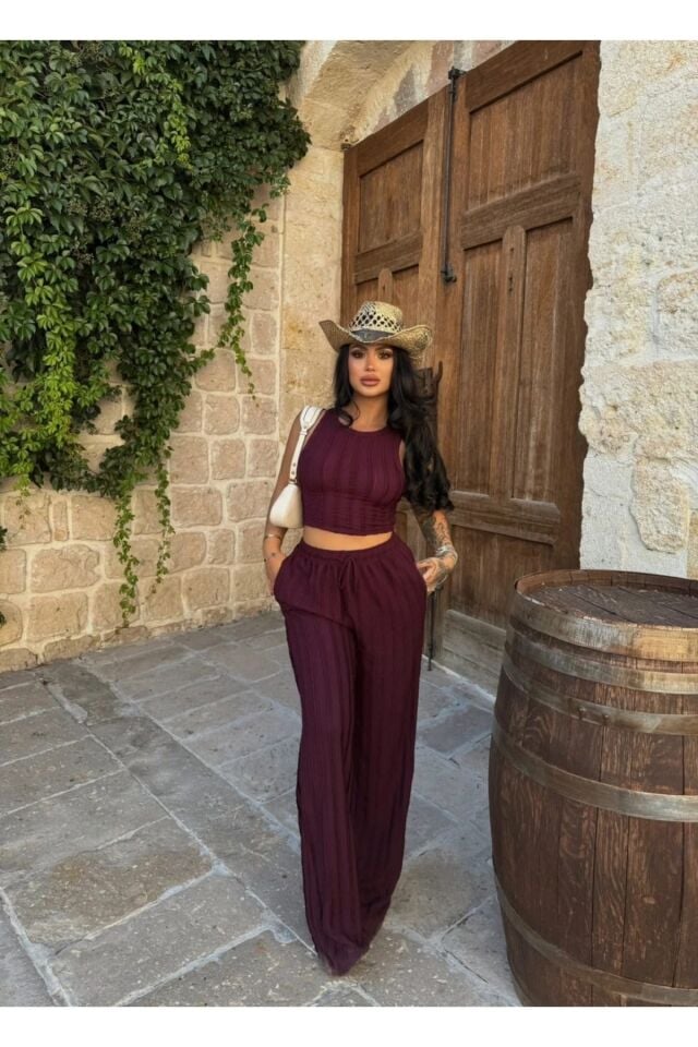 Halter Yaka Crop ve Fırfırlı Gagari Pantolon Takım L - Bordo