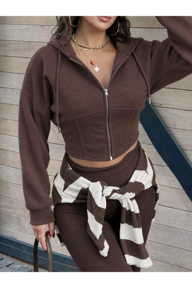 Oversize Kol Kapüşonlu Crop Hırka L - Kahverengi
