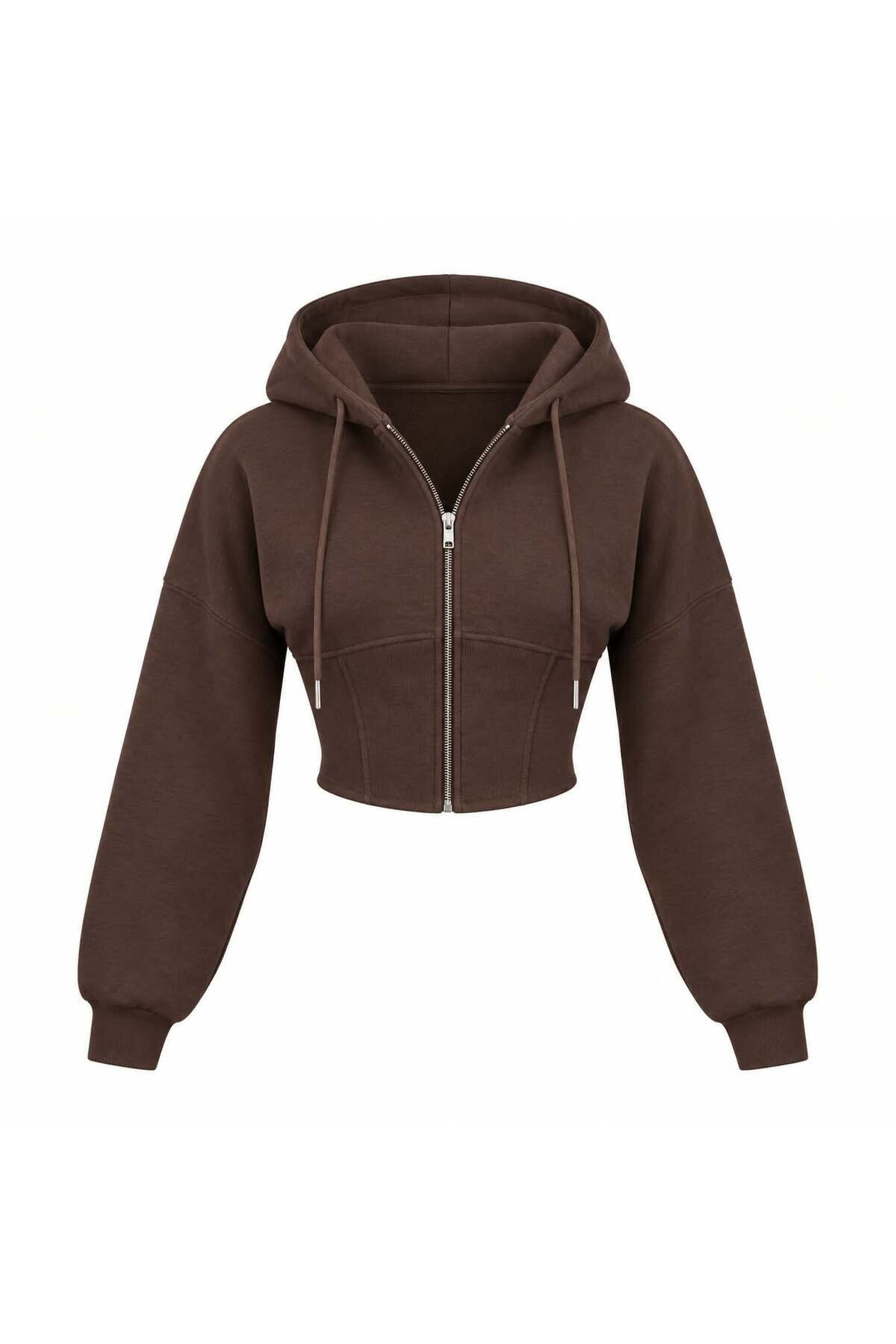 Oversize Kol Kapüşonlu Crop Hırka L - Kahverengi