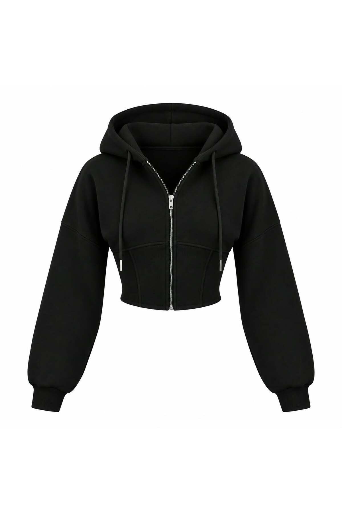 Oversize Kol Kapüşonlu Crop Hırka L - Siyah