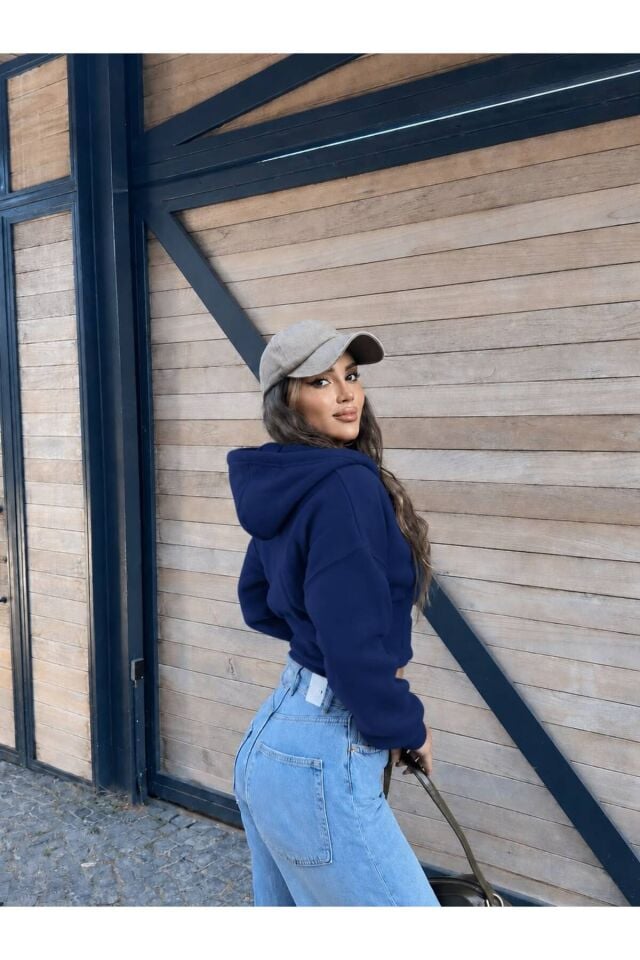 Oversize Kol Kapüşonlu Crop Hırka M - Lacivert
