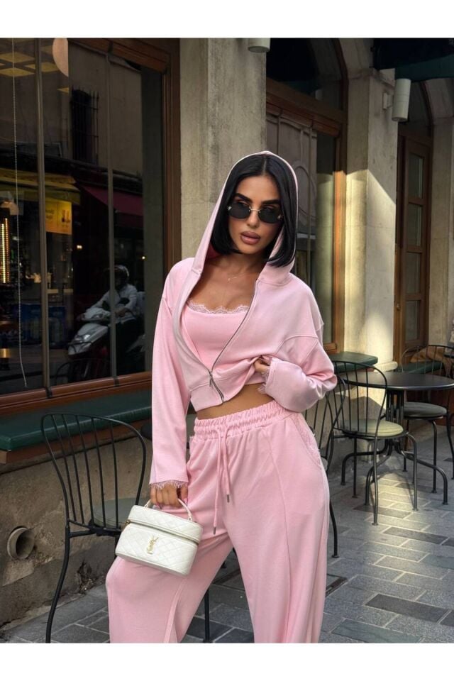 Kapüşonlu Crop Hırka ve Palazzo Pantolon 3’lü Takım L - Pembe
