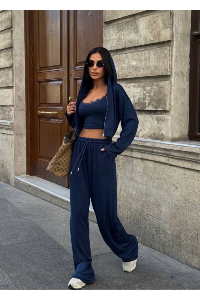 Kapüşonlu Crop Hırka ve Palazzo Pantolon 3’lü Takım M - Lacivert