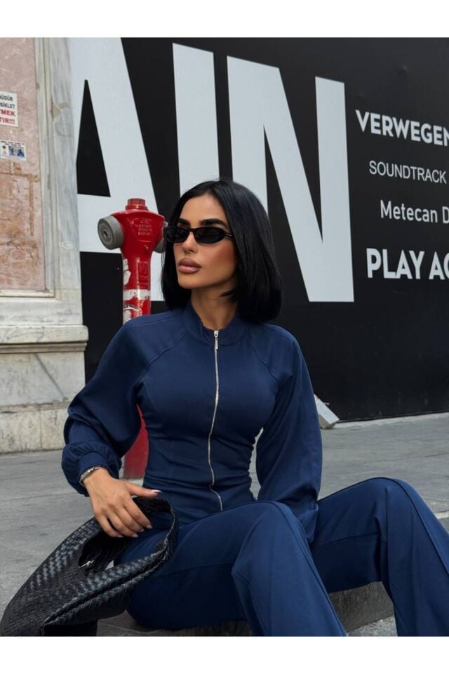Bel Bağlamalı Fermuarlı Hırka ve Bol Paça Pantolon Takım M - Lacivert