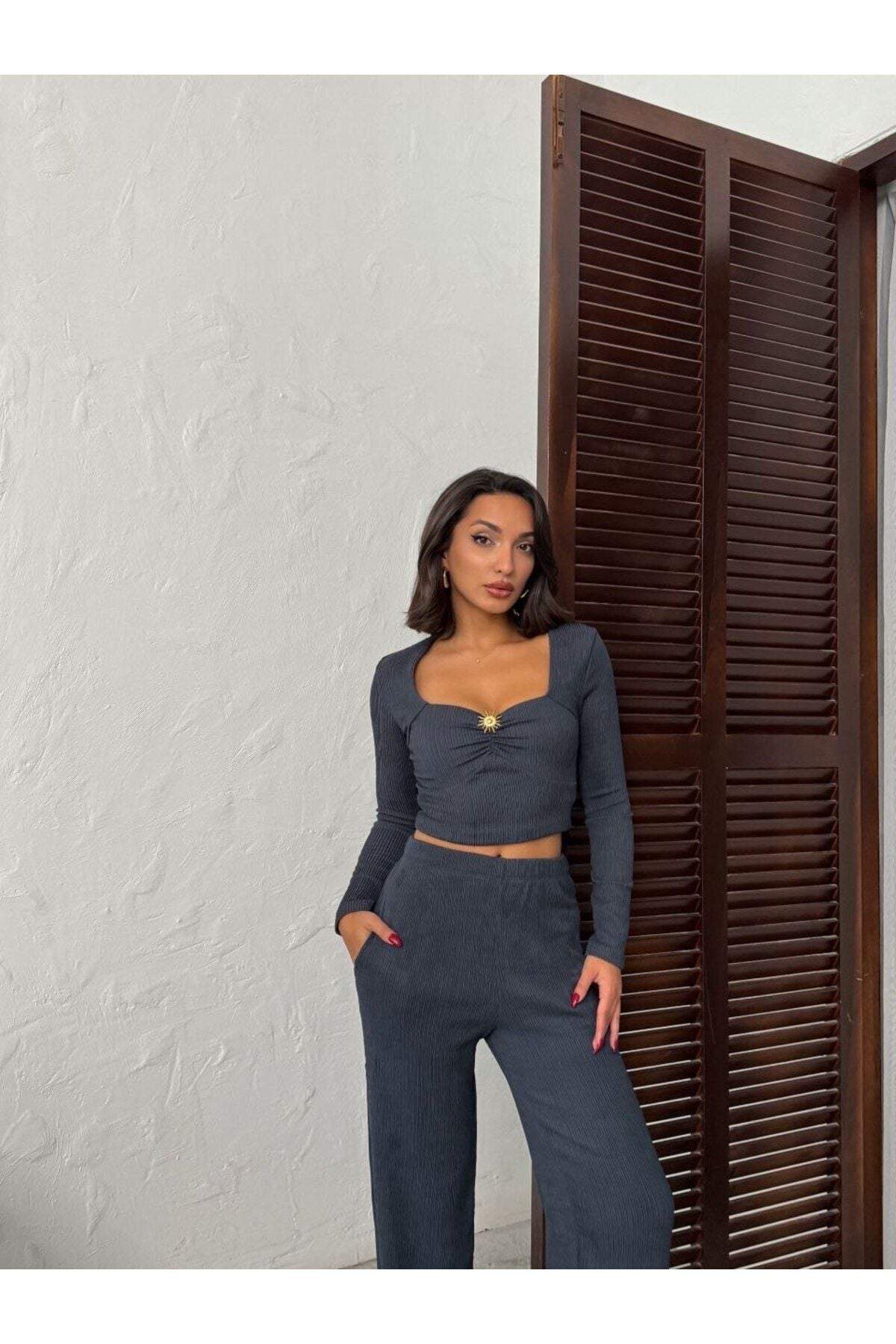 Toka Detaylı Bluz ve Bol Paça Pantolon Takım S - İndigo