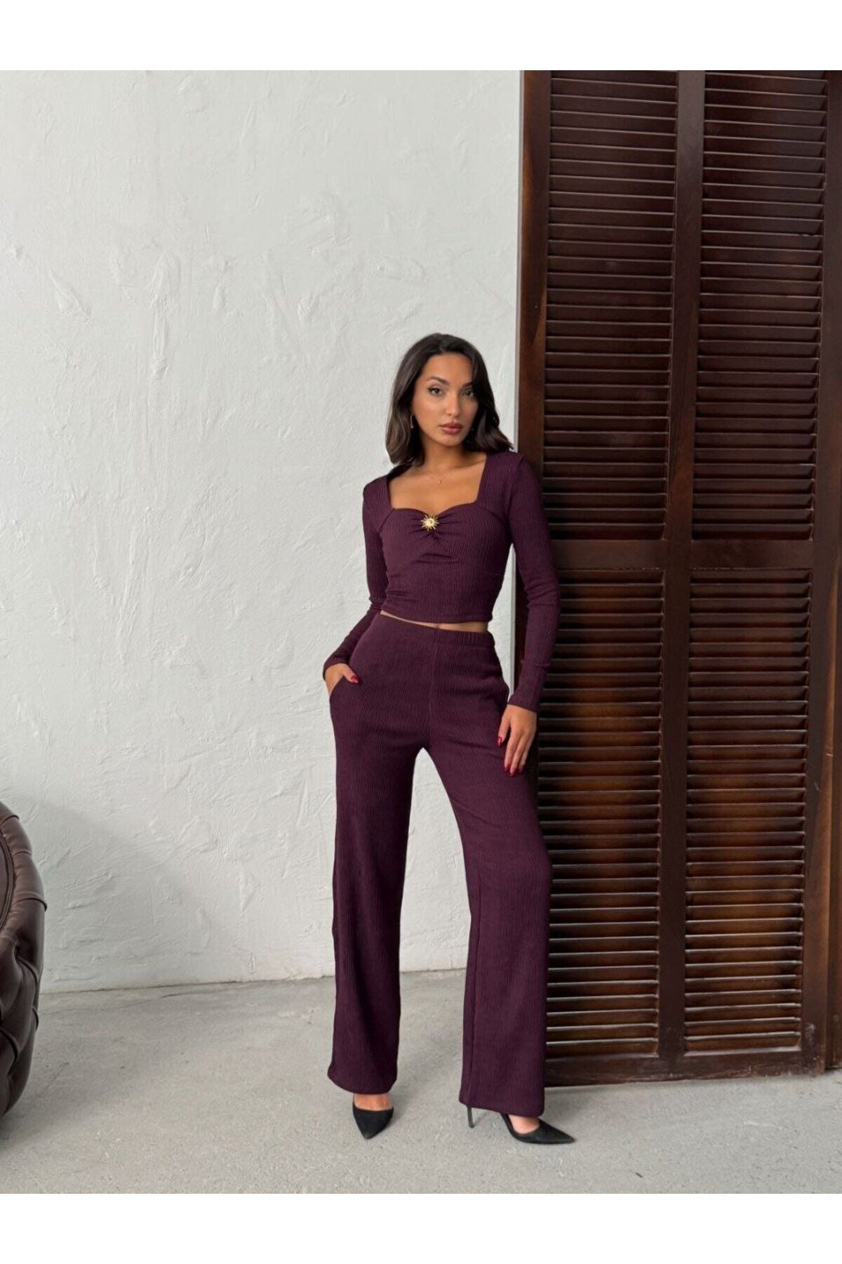 Toka Detaylı Bluz ve Bol Paça Pantolon Takım S - Bordo