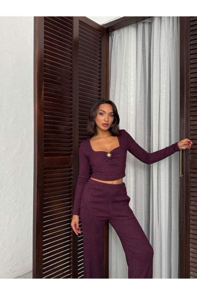 Toka Detaylı Bluz ve Bol Paça Pantolon Takım S - Bordo