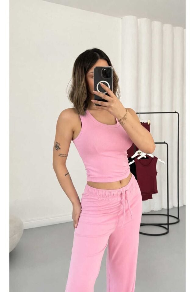 Atlet ve Bol Paça Pantolon Takım S - Pembe