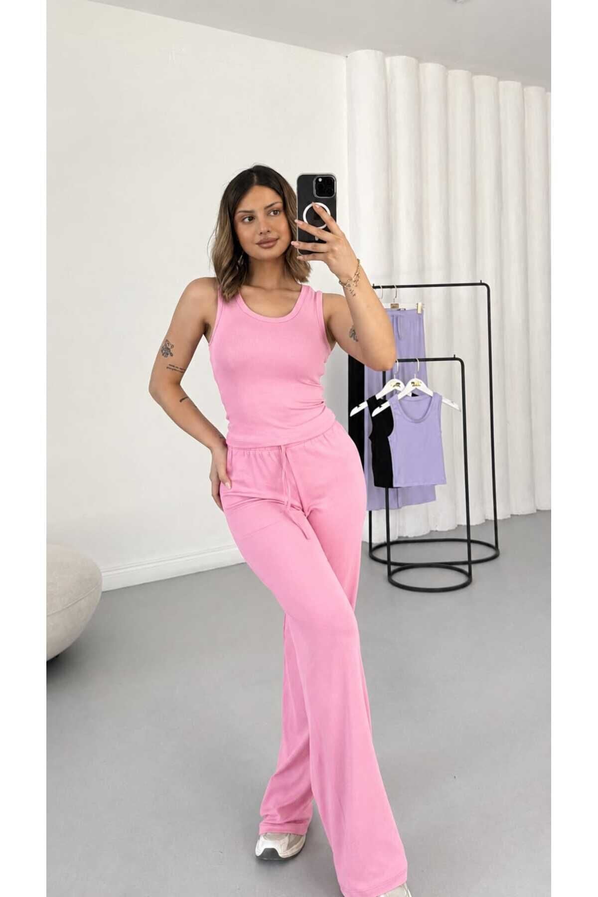 Atlet ve Bol Paça Pantolon Takım S - Pembe