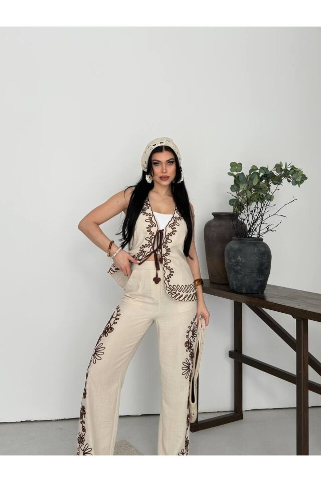 Nakış İşlemeli Yelek Pantolon İkili Takım S - Bej