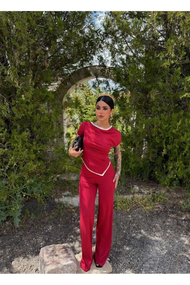 Biyeli Asimetrik Bluz ve Bol Paça Pantolon Takım M - Bordo