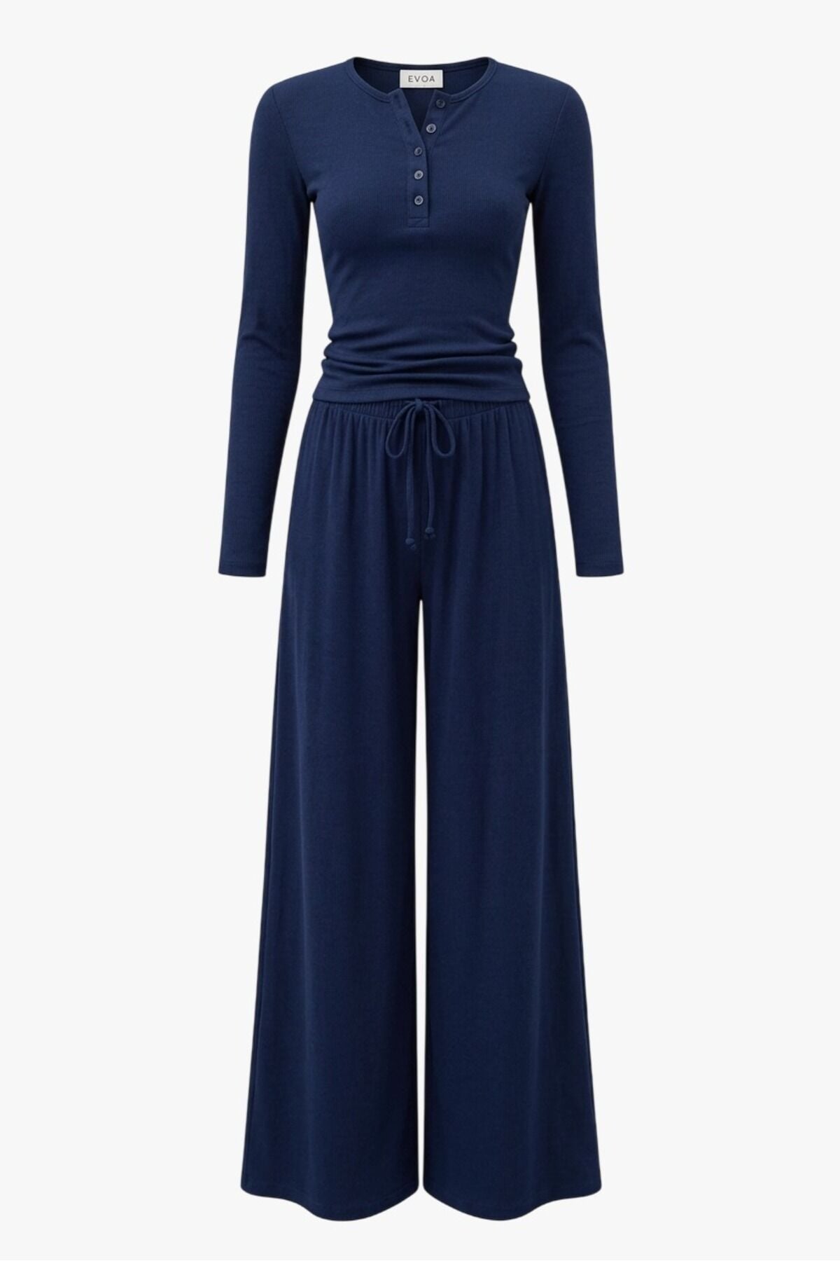 Basic Düğmeli Bluz ve Bol Paça Pantolon Takım M - Lacivert