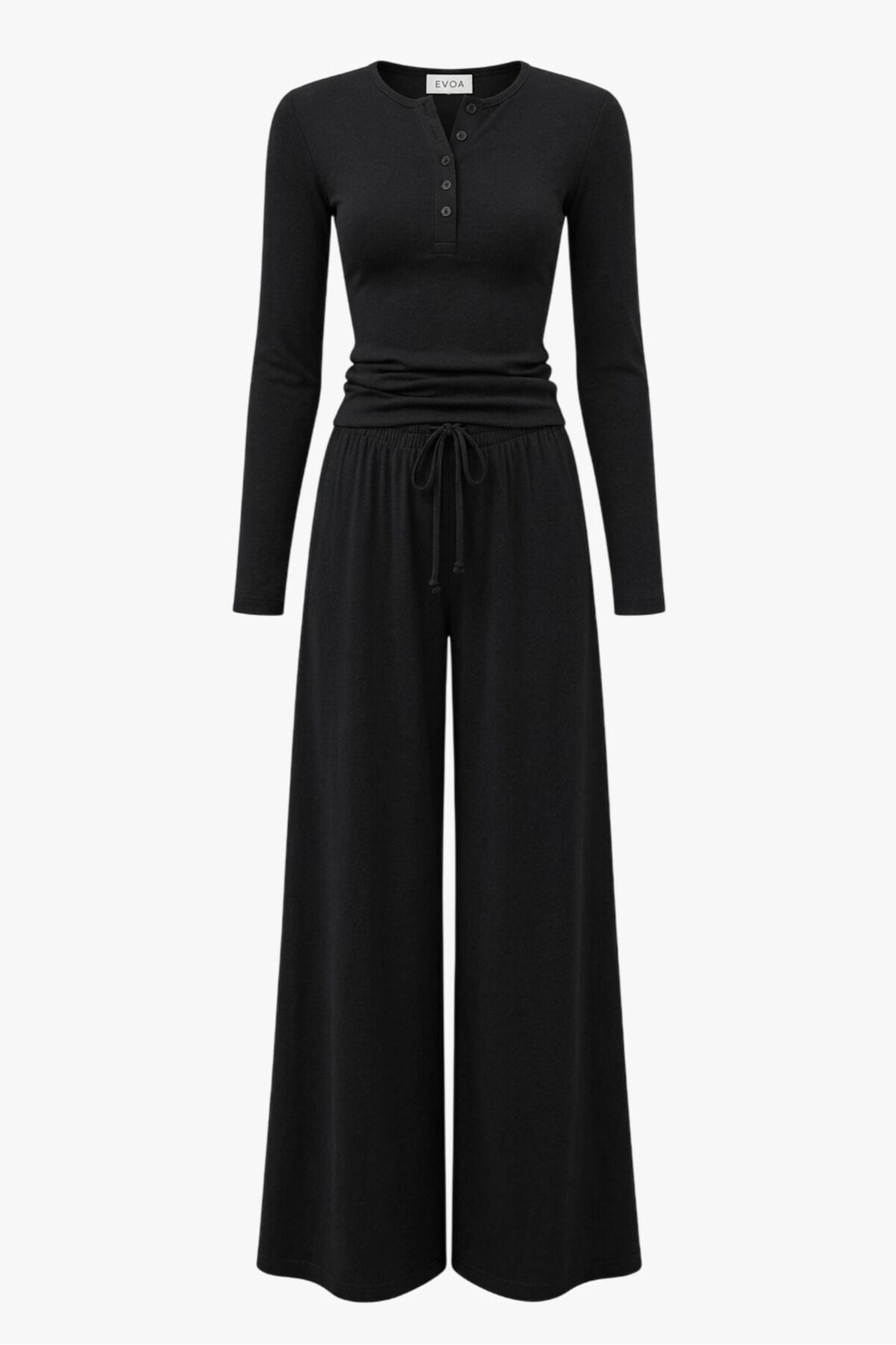 Basic Düğmeli Bluz ve Bol Paça Pantolon Takım S - Siyah