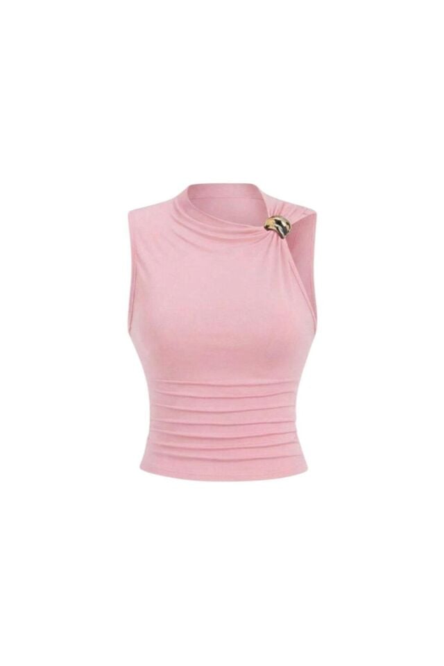 Gold Tokalı Asimetrik Yaka Drapeli Bluz S - Pembe