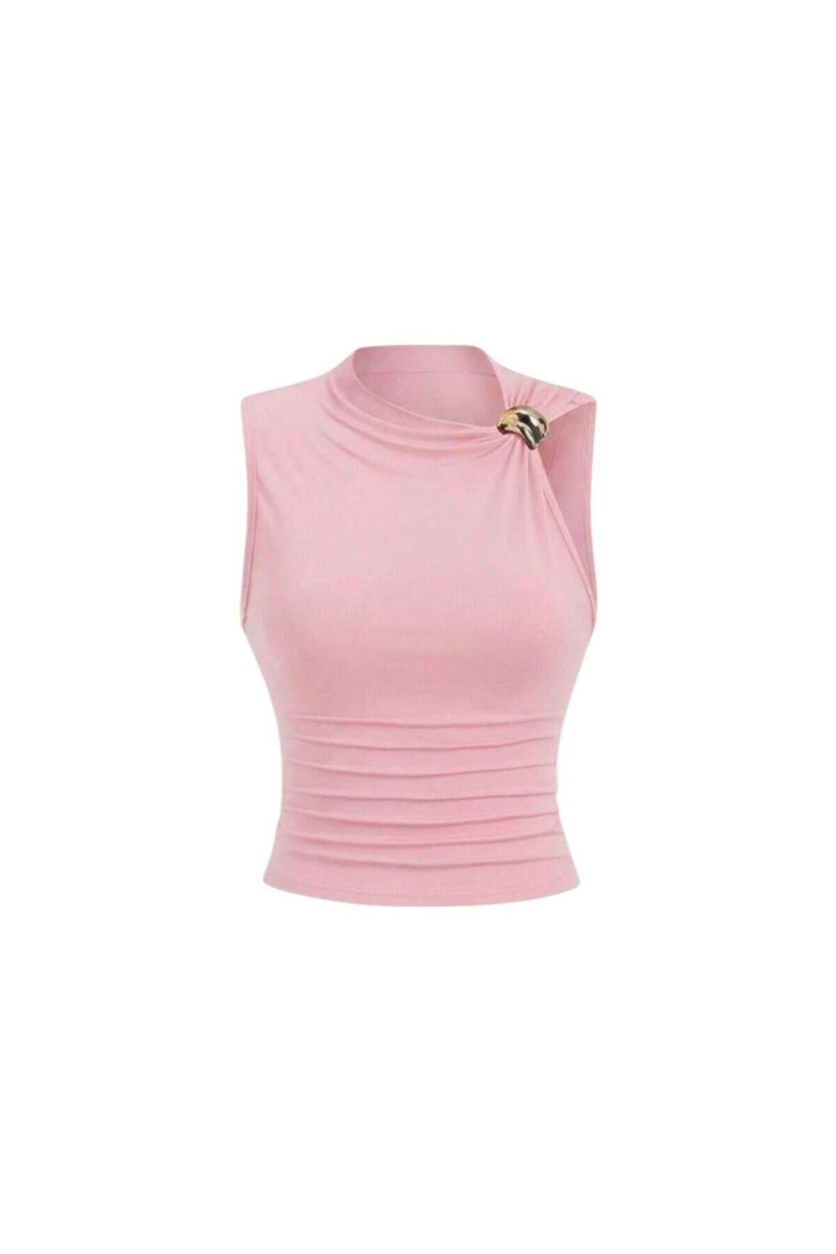 Gold Tokalı Asimetrik Yaka Drapeli Bluz M - Pembe
