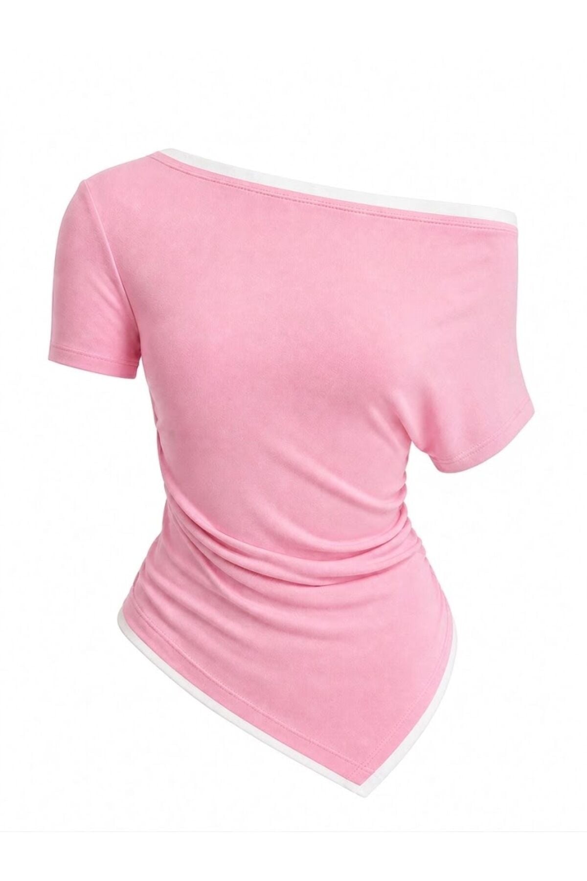 Biye Detaylı Kayık Yaka Asimetrik Bluz M - Pembe