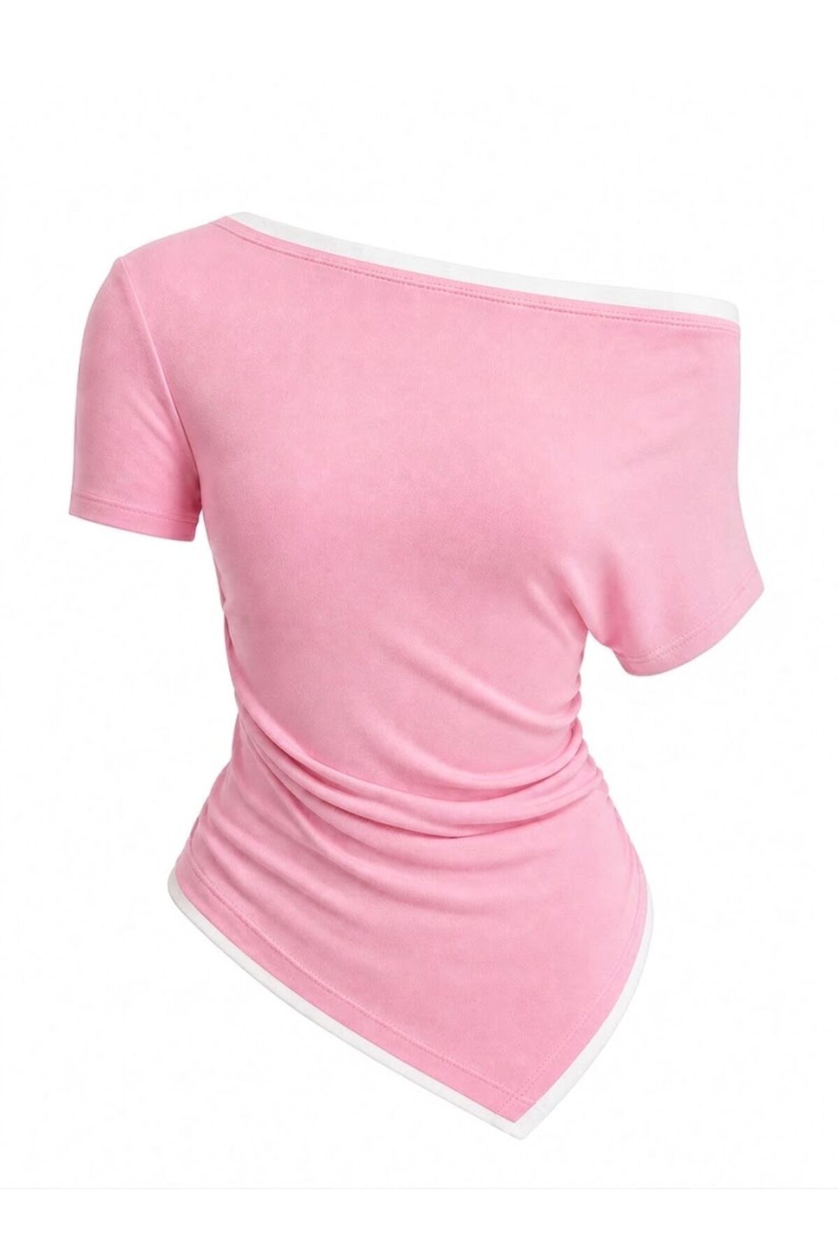 Biye Detaylı Kayık Yaka Asimetrik Bluz L - Pembe