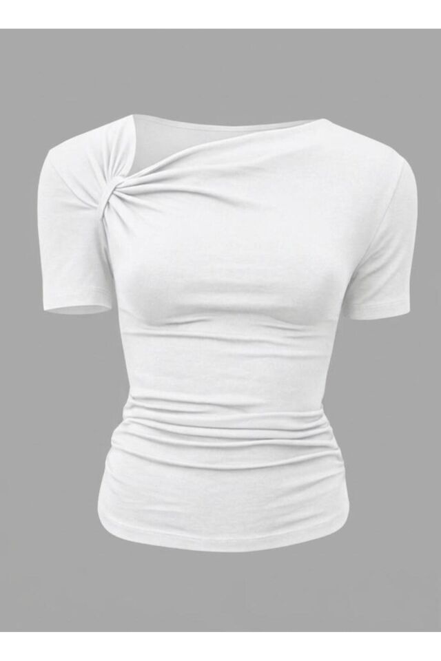 Asimetrik Yaka Drape ve Büzgü Detaylı Bluz