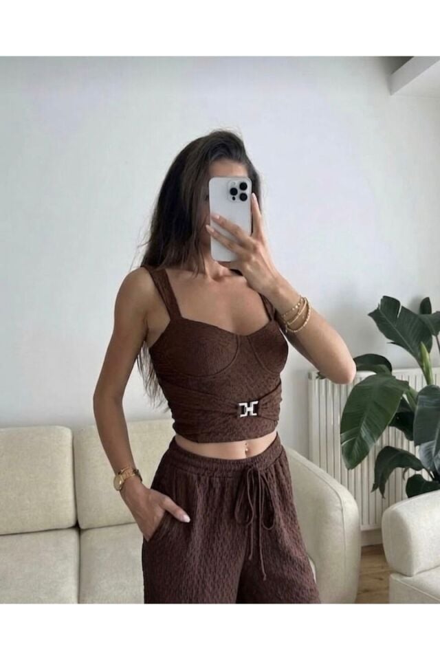 Toka Detaylı Büstiyer Crop ve Pantolon Takım L - Kahverengi