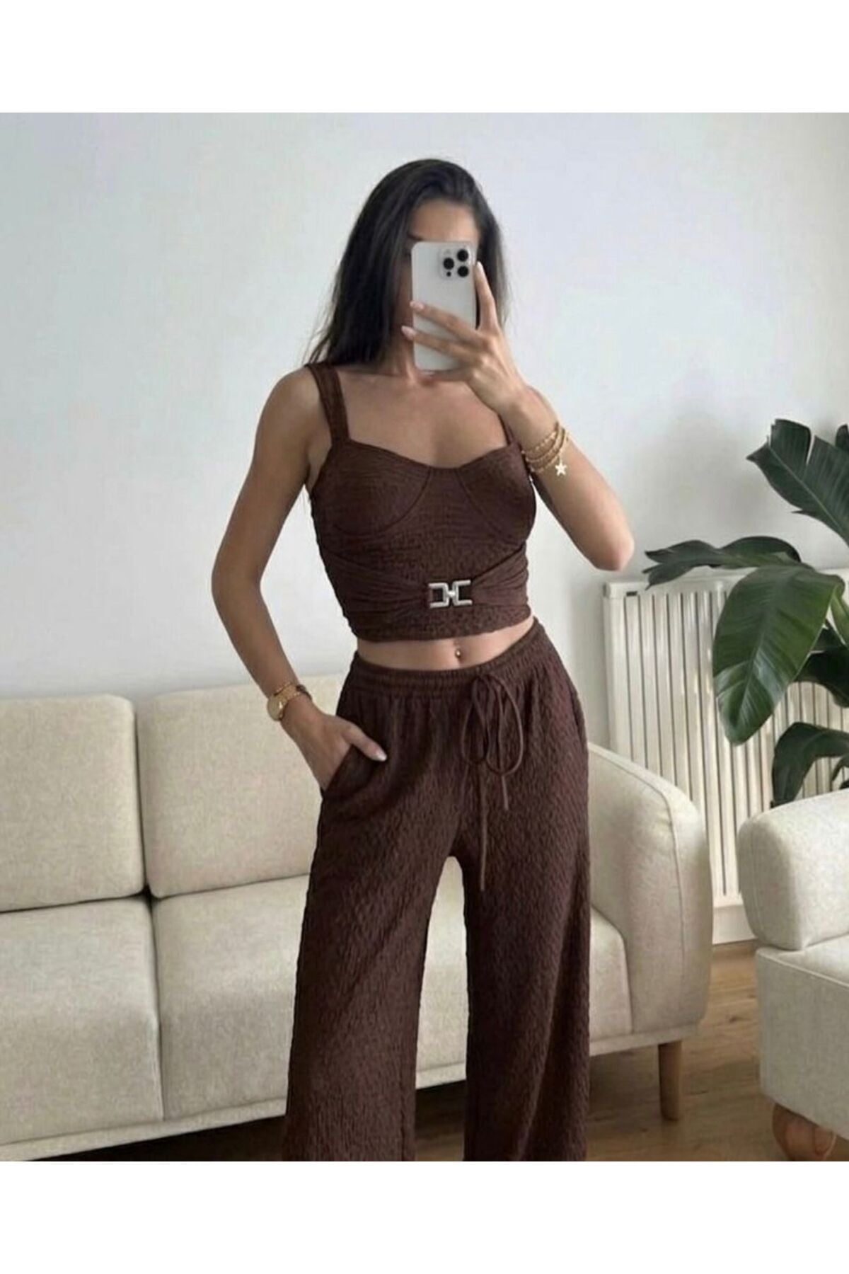 Toka Detaylı Büstiyer Crop ve Pantolon Takım L - Kahverengi