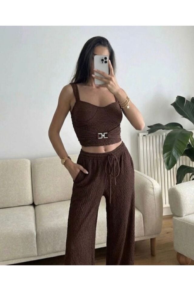 Toka Detaylı Büstiyer Crop ve Pantolon Takım L - Kahverengi