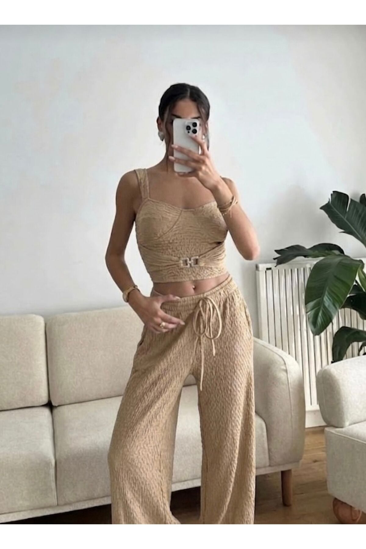 Toka Detaylı Büstiyer Crop ve Pantolon Takım L - Bej