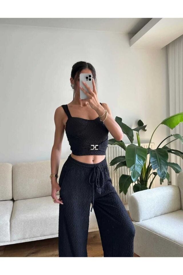 Toka Detaylı Büstiyer Crop ve Pantolon Takım M - Siyah