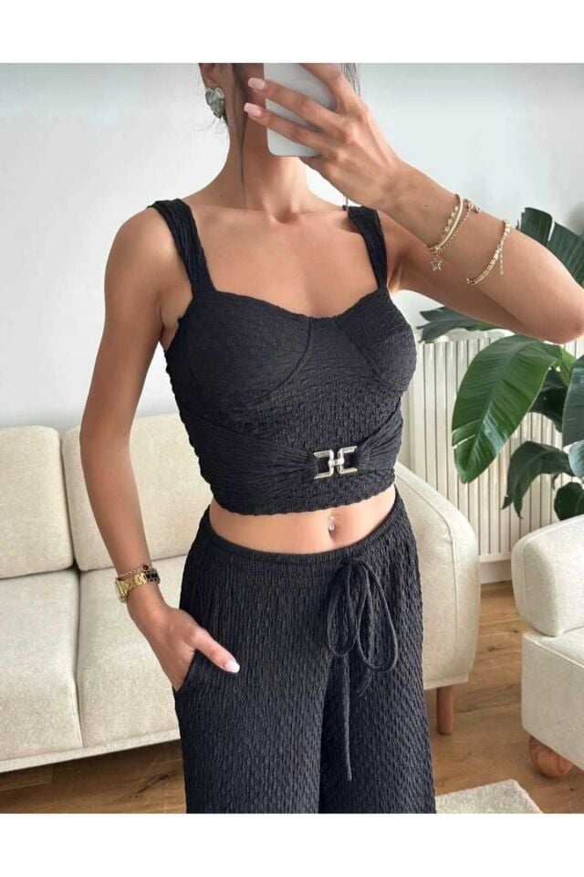 Toka Detaylı Büstiyer Crop ve Pantolon Takım M - Siyah