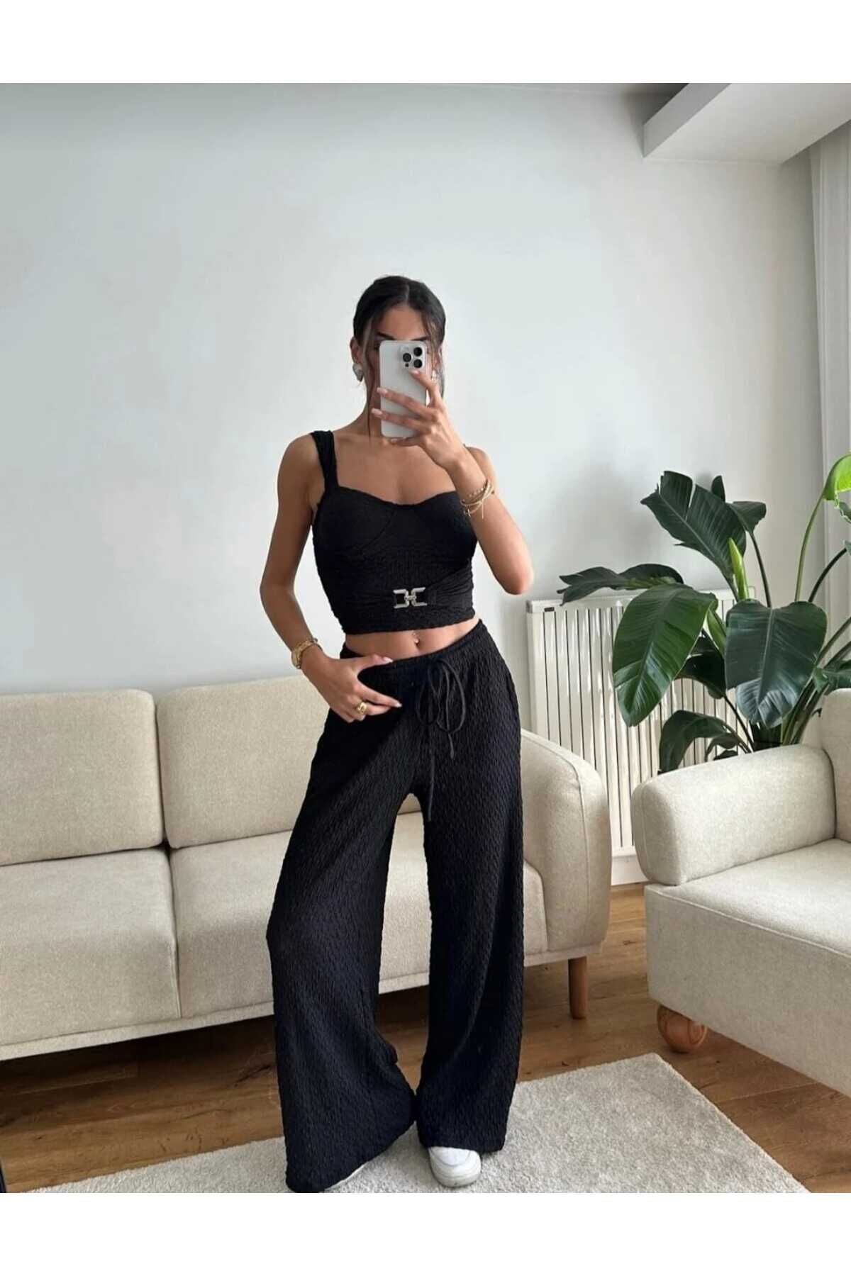 Toka Detaylı Büstiyer Crop ve Pantolon Takım M - Siyah
