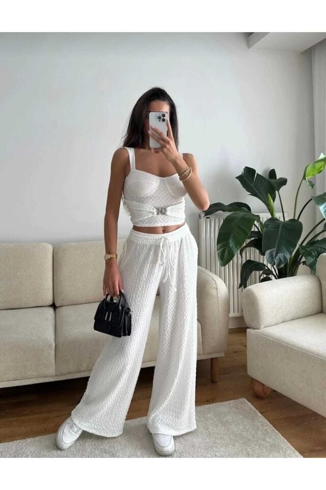 Toka Detaylı Büstiyer Crop ve Pantolon Takım L - Beyaz
