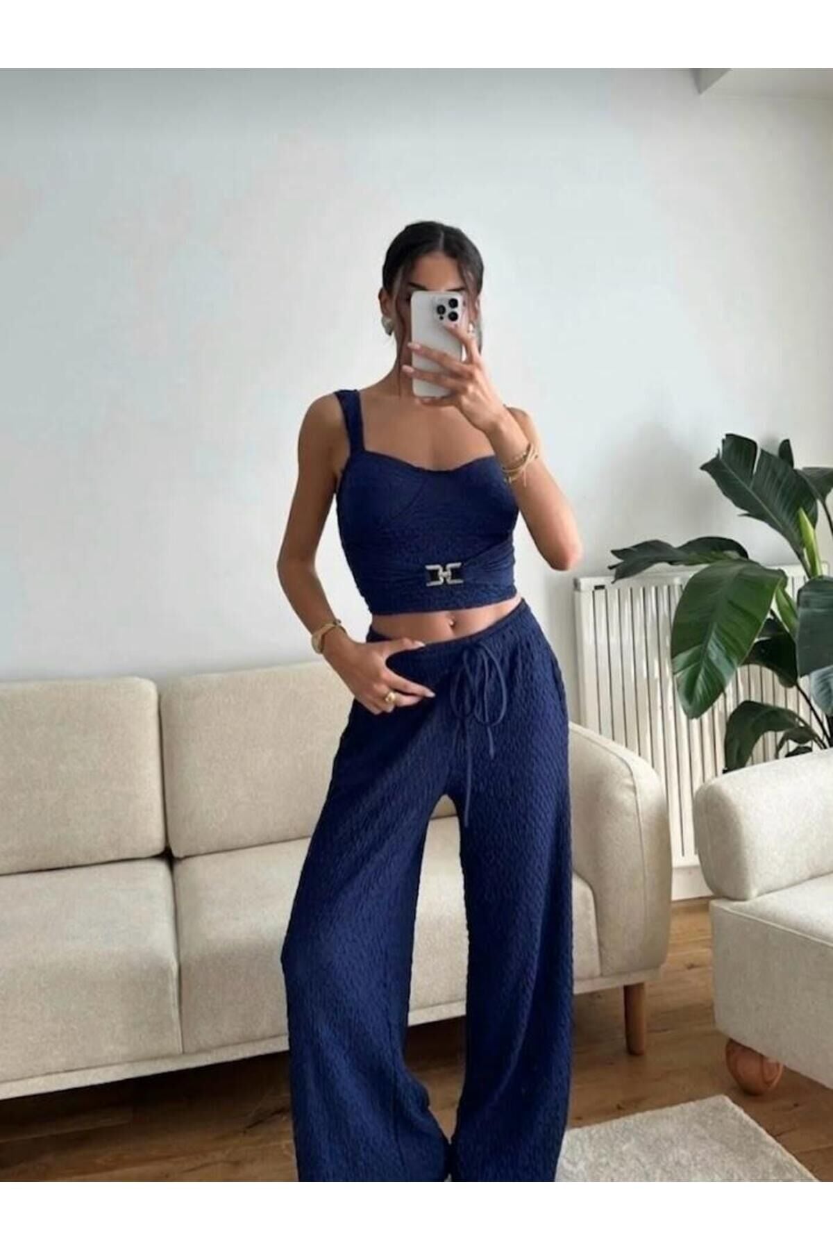 Toka Detaylı Büstiyer Crop ve Pantolon Takım M - Lacivert