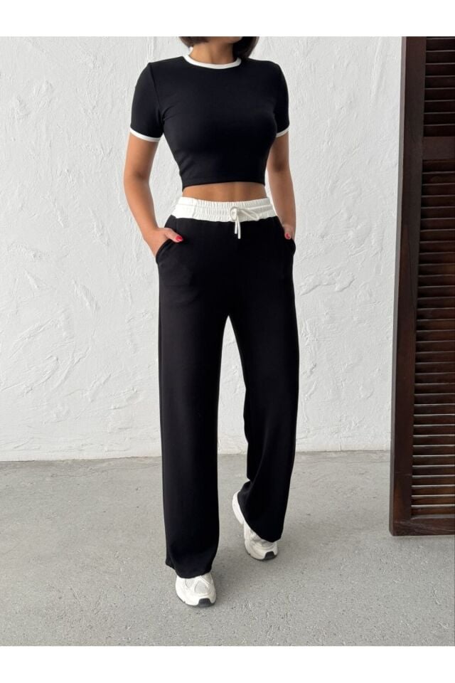 Biyeli Bisiklet Yaka Bluz ve Bol Paça Pantolon Takım M - Siyah