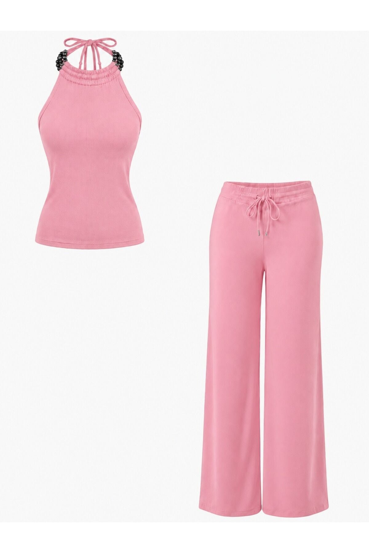 Boncuk Detaylı Bluz ve Bol Paça Pantolon Takım XS - Pembe