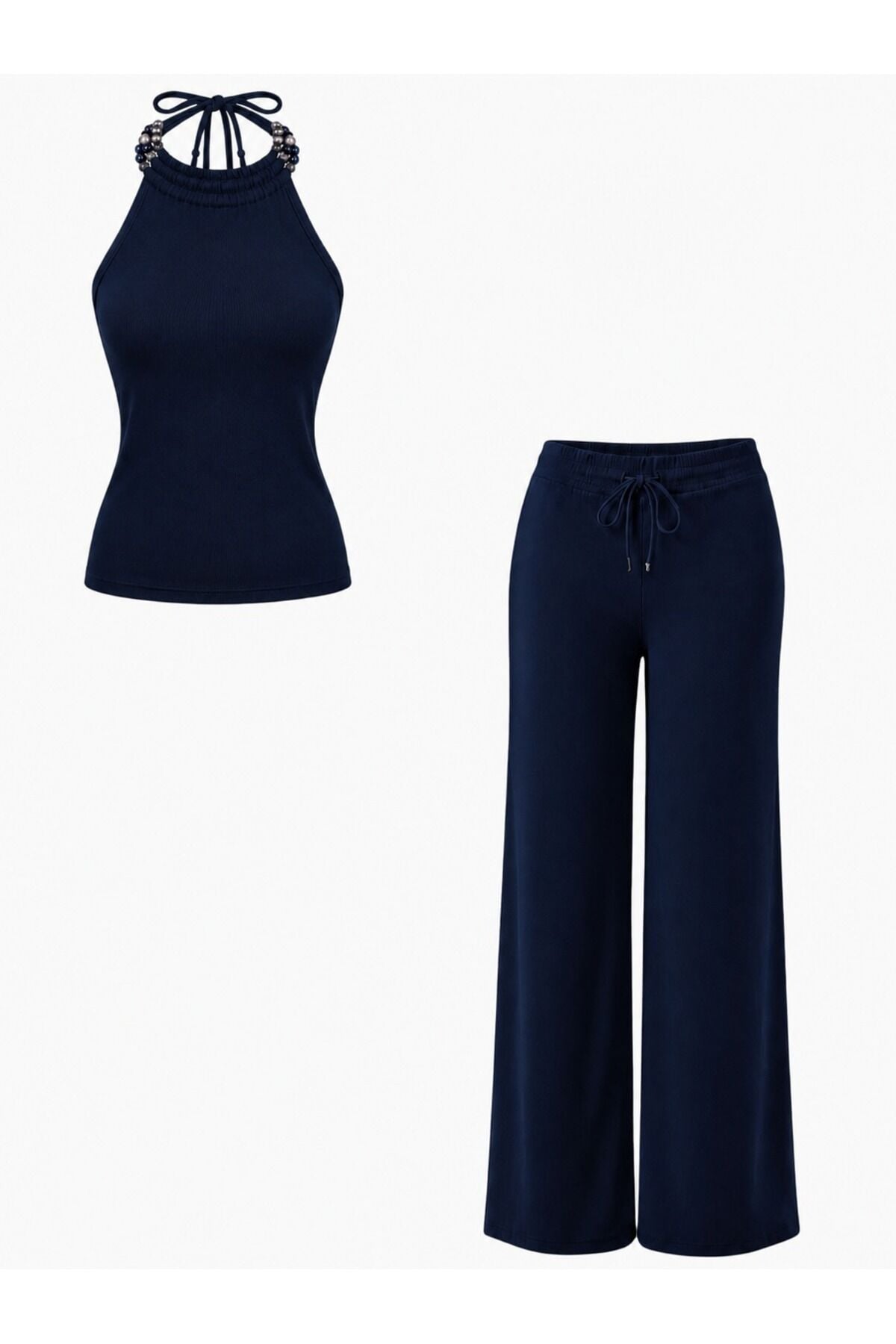 Boncuk Detaylı Bluz ve Bol Paça Pantolon Takım XS - Lacivert