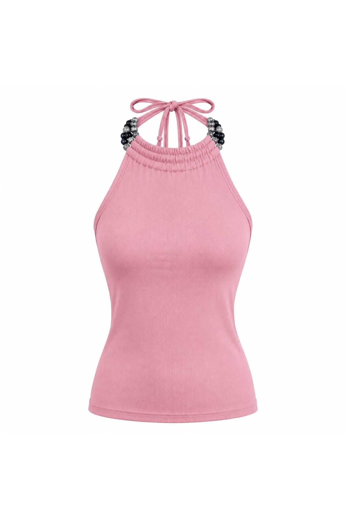 Boncuk Detaylı Sırt Dekolteli Bluz L - Pembe