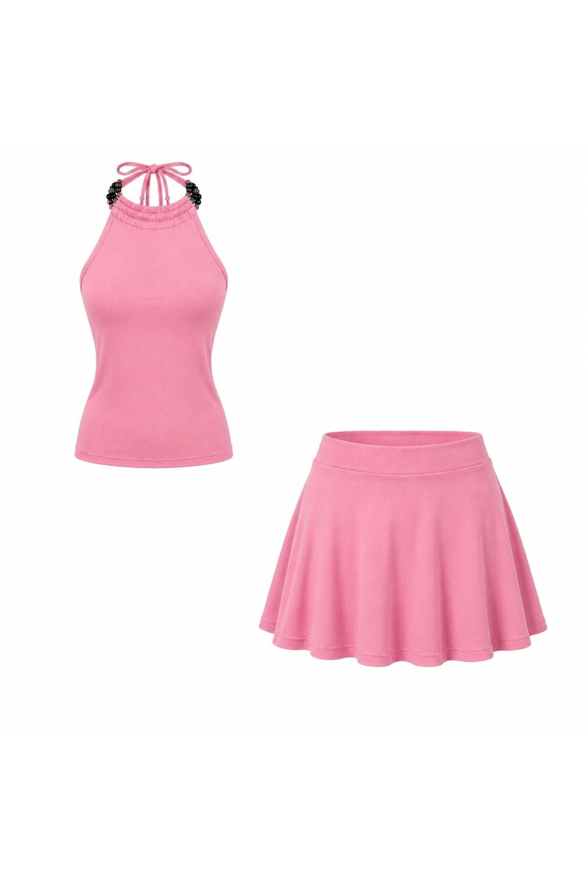 Boncuk Detaylı Bluz ve Şort Etek Takım M - Pembe