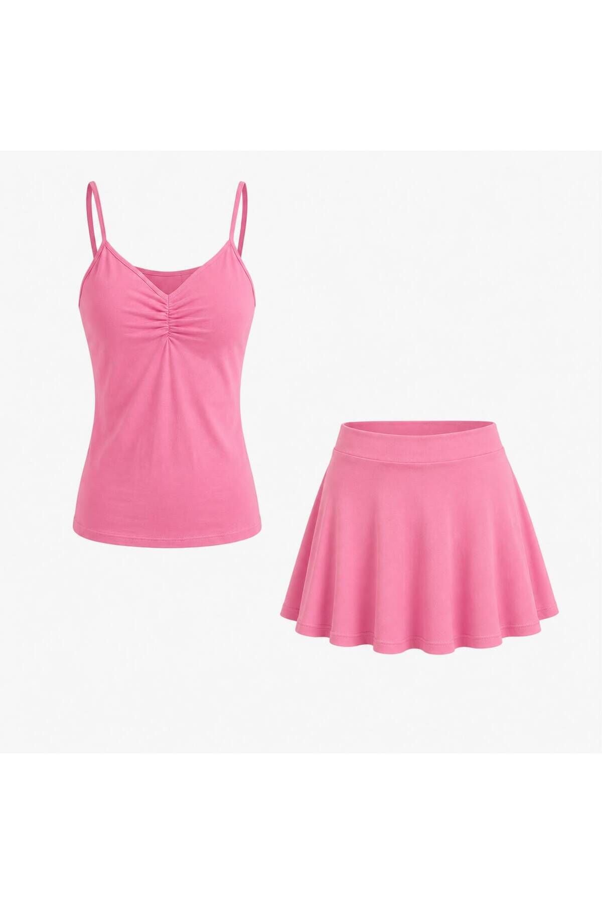 Askılı Basic Bluz ve Şort Etek Takım M - Pembe