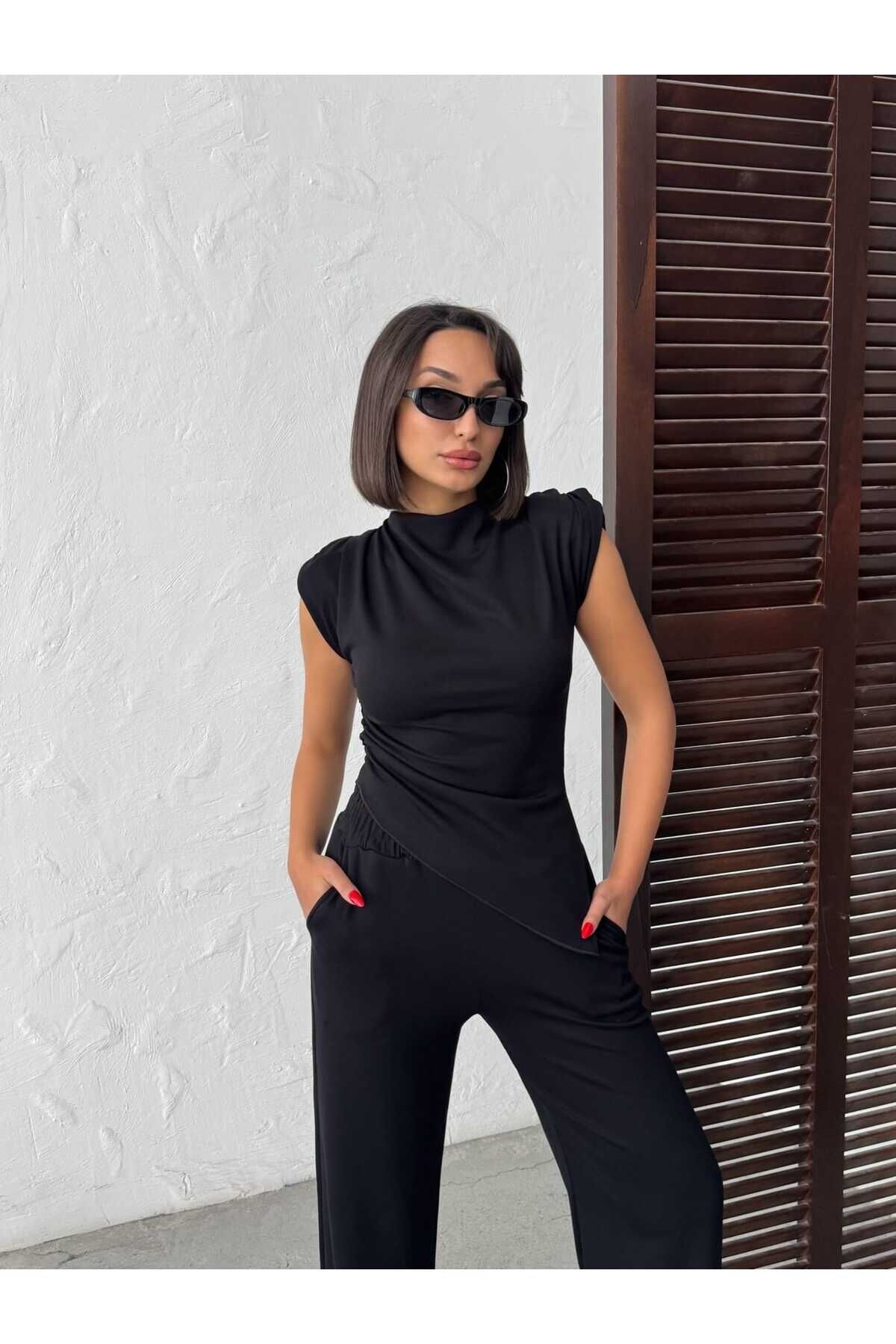 Vatkalı Asimetrik Drapeli Günlük Takım L - Siyah