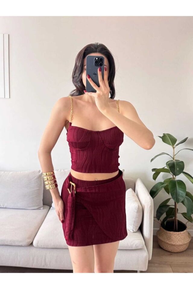 Zincir Askılı Toka Detaylı Bluz ve Etek Takım M - Bordo