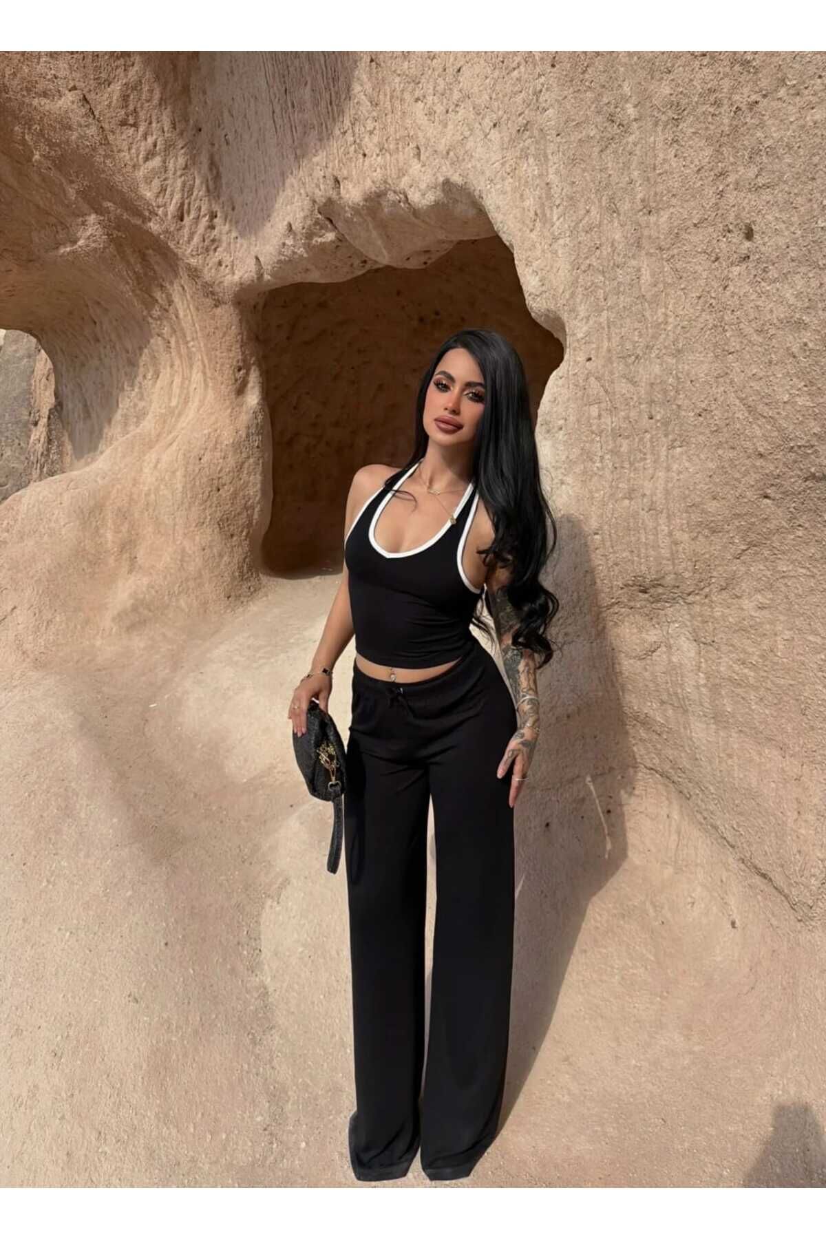 Sırt Dekolteli Biyeli Bluz ve Bol Paça Pantolon Takım L - Siyah