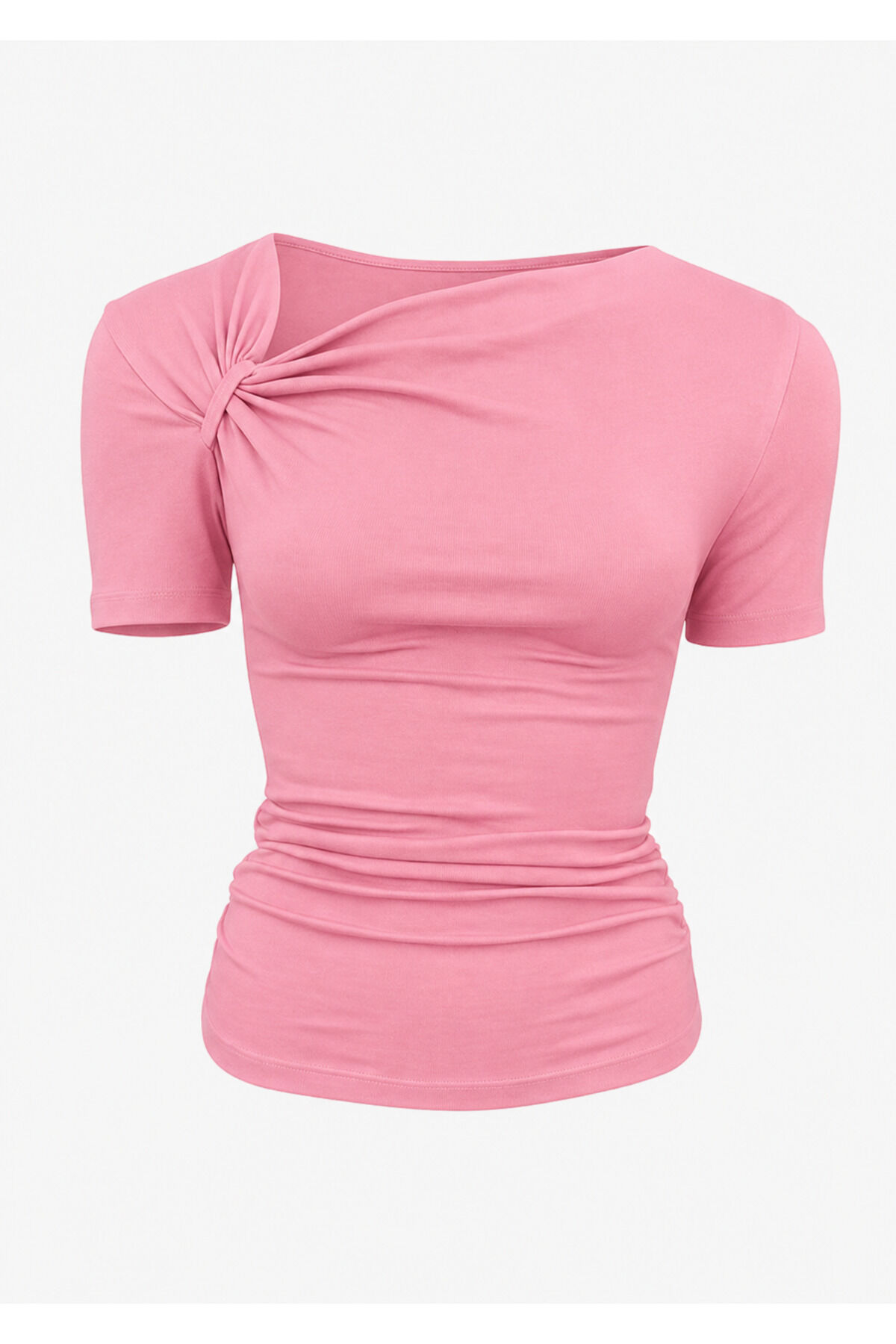 Asimetrik Yaka Drape ve Büzgü Detaylı Bluz L - Pembe