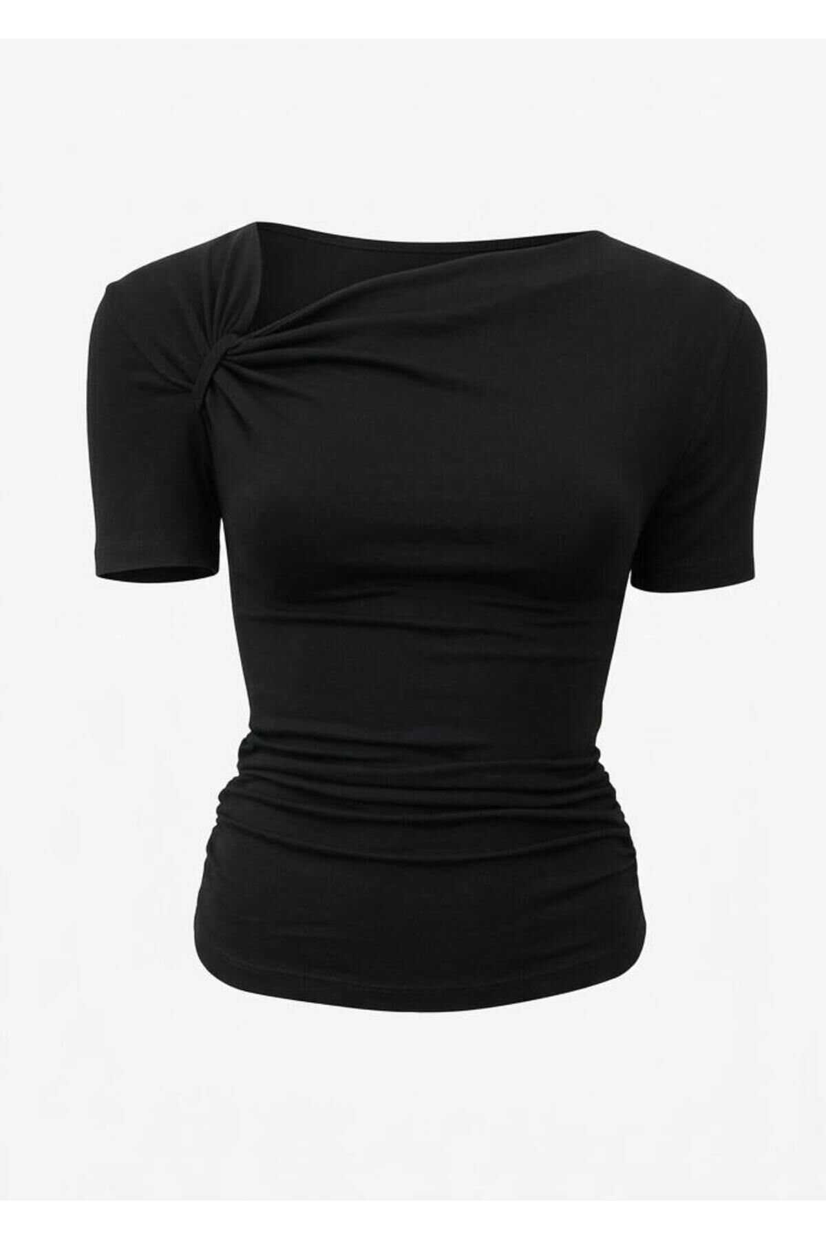 Asimetrik Yaka Drape ve Büzgü Detaylı Bluz S - Siyah