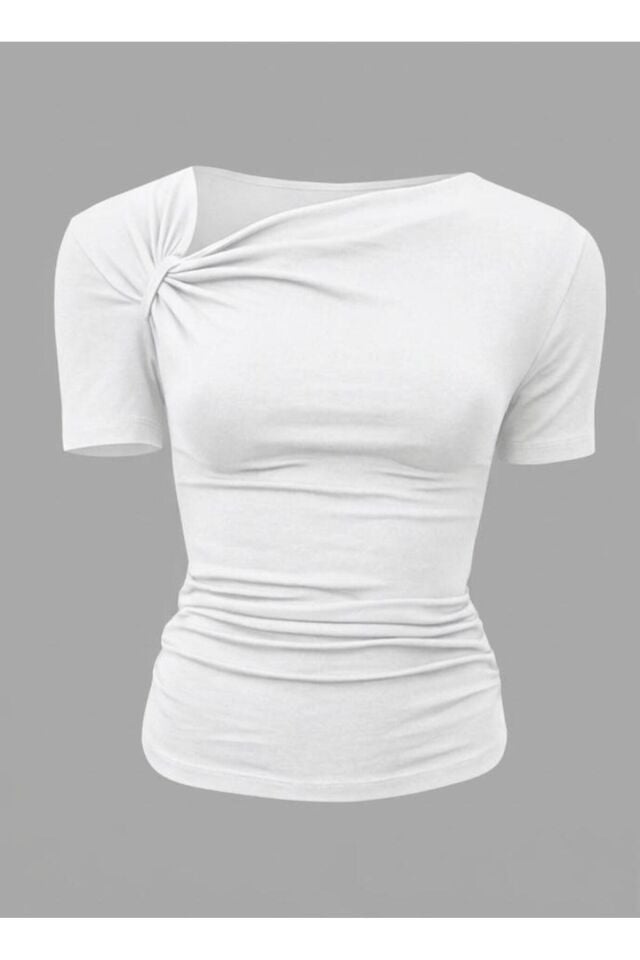 Asimetrik Yaka Drape ve Büzgü Detaylı Bluz L - Beyaz