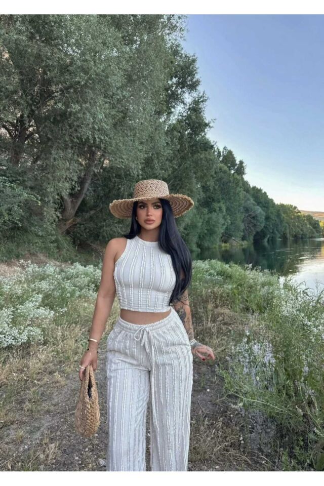 Halter Yaka Crop ve Fırfırlı Gagari Pantolon Takım S - Bej