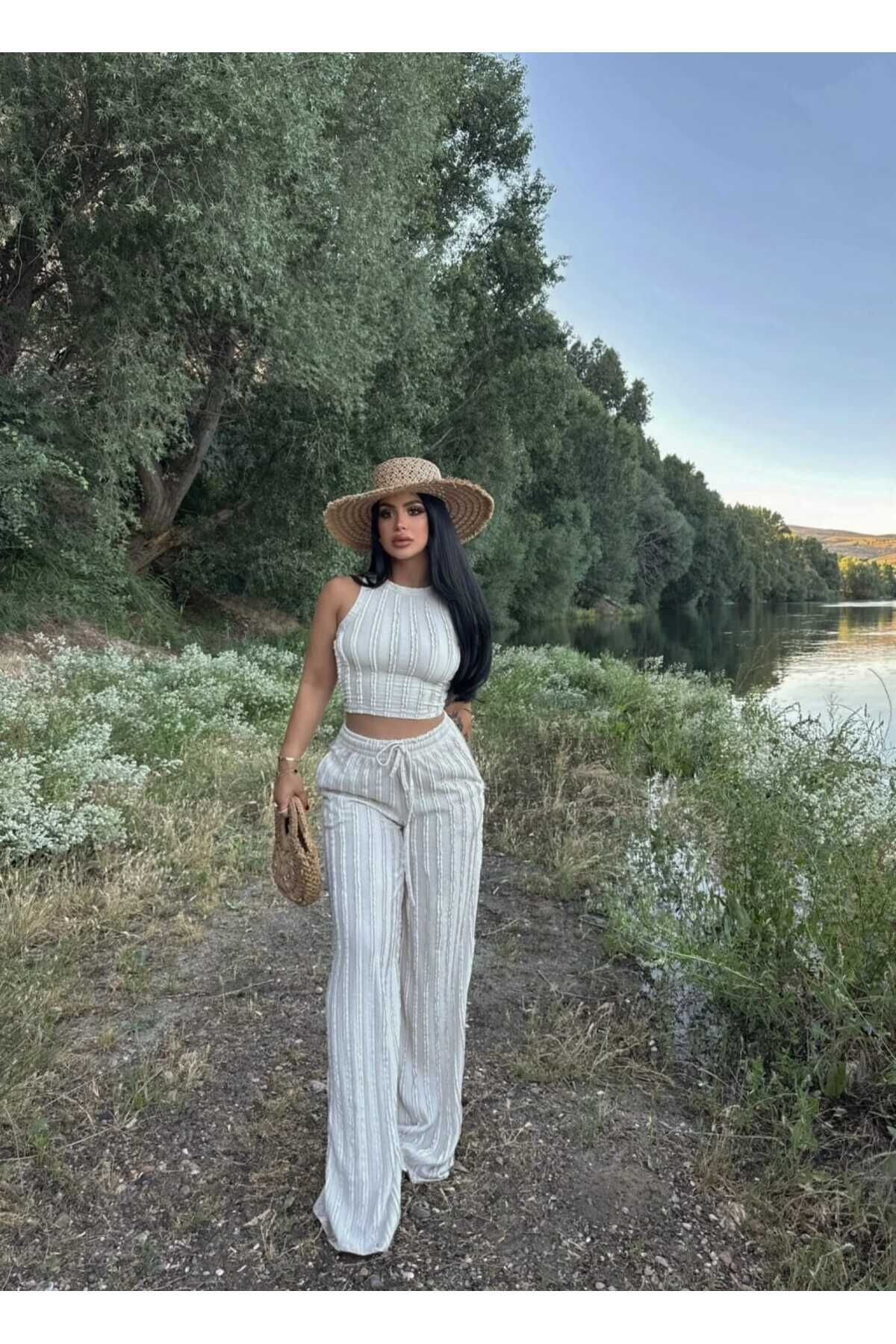 Halter Yaka Crop ve Fırfırlı Gagari Pantolon Takım S - Bej